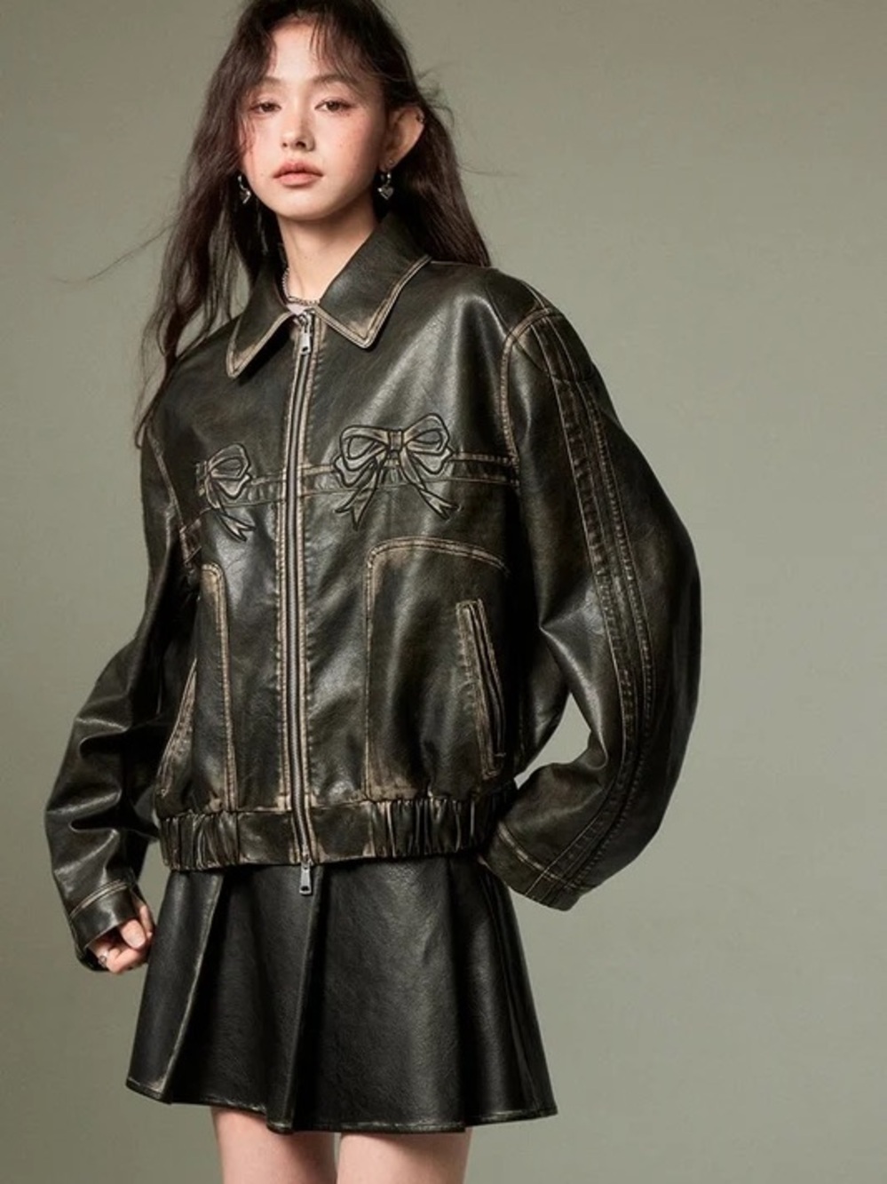 Diddi Moda Black Leather Bow Zip-Front Jacket